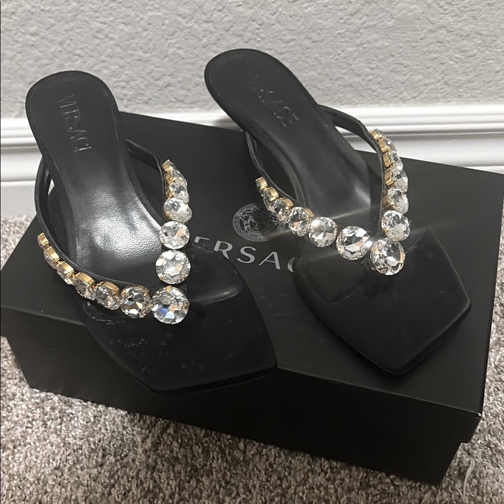 Versace Black Crystal-Embellished Women’s Thong Sandals